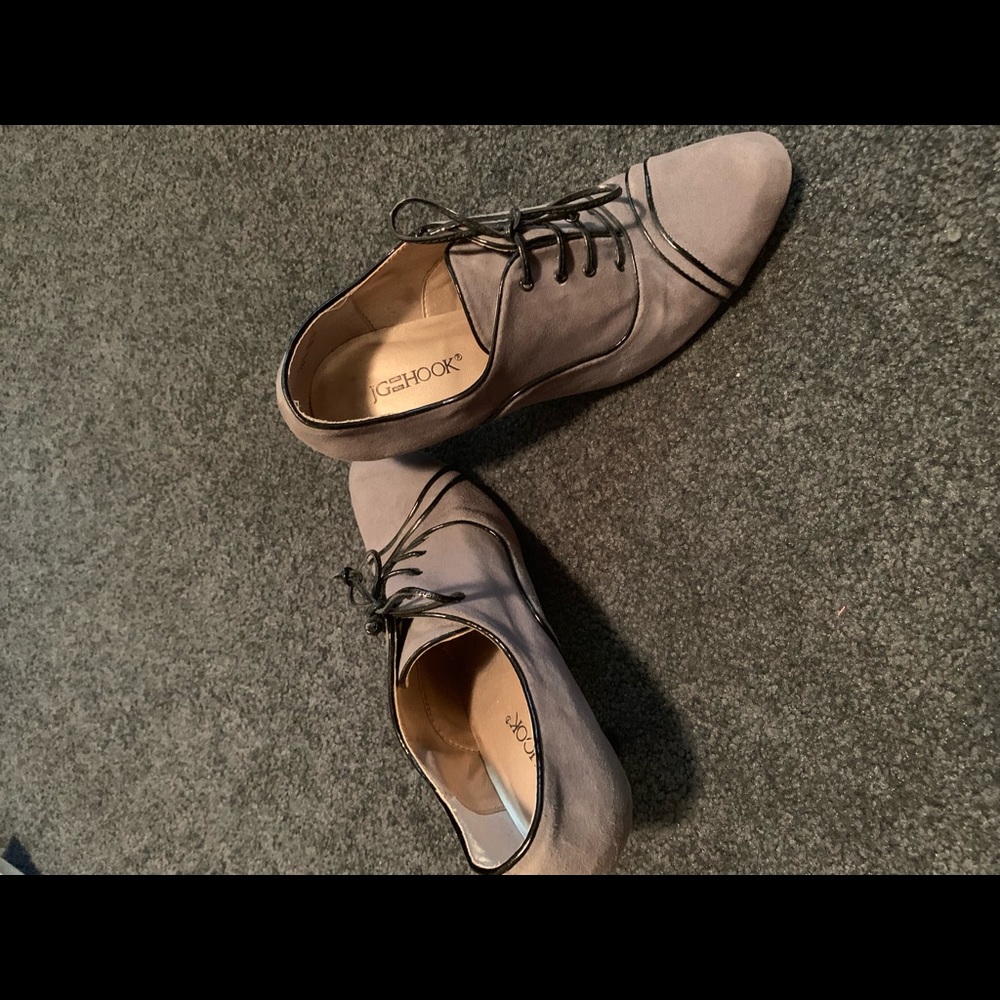 Grey Suede with black piping up shoes.. heels